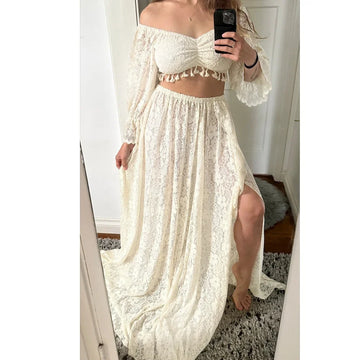 MQTIME  -  Sexy Boho Maternity Photography Props Dress Hollow Lace Two Piece Set Split Dress  Pregnant Dress Baby Shower Dress